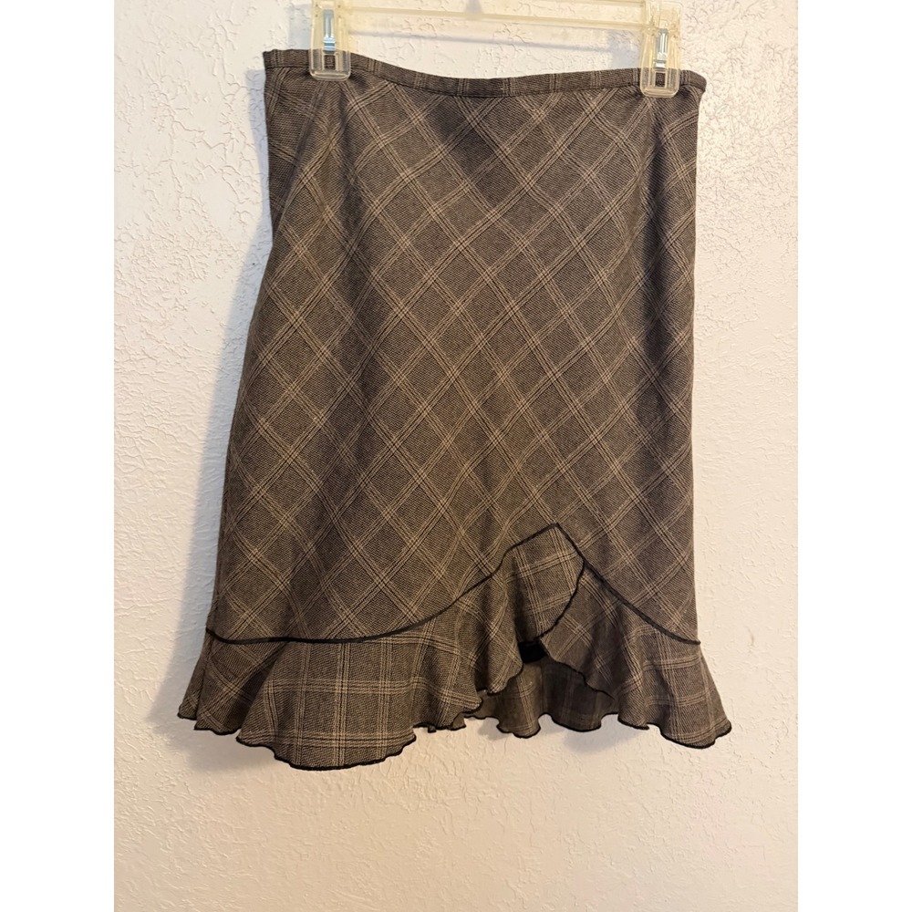White House Black Market Brown Plaid Ruffle Flounce Hem Skirt Size 4 Workwear